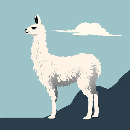 a llama stands on a hill, surrounded by clouds in the sky. the illustration showcases a unique blend of dark white and light azure colors, incorporating elements of american iconography. the bold color field and distinctive characters add depth to the scene, while naturalistic bird portraits and mountainous vistas complete the composition. ai generatedの素材
