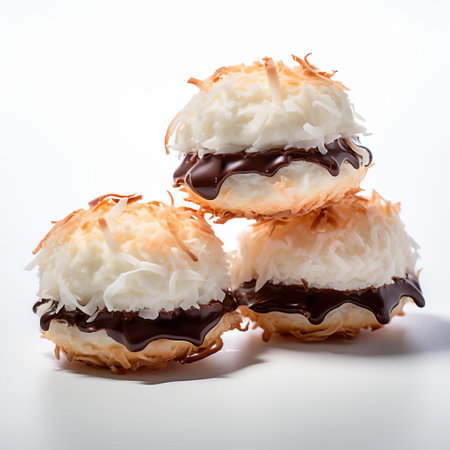 a chocolate cookie topped with a coconut, featuring gelatinous forms and multiple layers. this artistic composition draws inspiration from the works of jindrich styrsky, stanley pinker, and kanzan shimomura. captured in a matte photograph, it showcases a fusion of traditional vietnamese flavors and contemporary aesthetics. ai generatedの素材