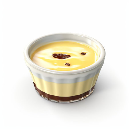 a cup of dessert pudding, rendered in a photorealistic style, showcases a white color with hints of light yellow and amber. the image is captured using spot metering and features elements of bunnycore and cranberrycore. shot with a rollei prego 90, this picture highlights the use of traditional techniques to create a visually appealing and enticing dessert. ai generatedの素材