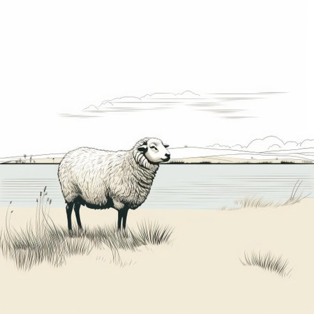 a sheep stands on the beach, captured in a highly detailed illustration with a high horizon line. the pastoral landscape showcases shades of gray and beige, creating a serene atmosphere. this editorial illustration beautifully portrays the unique combination of a sheep and a beach setting. ai generatedの素材