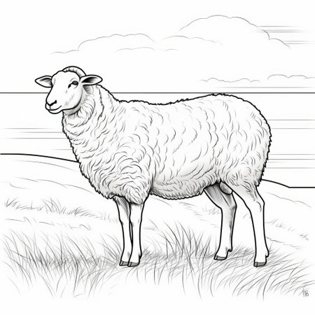 a sheep coloring page for kids featuring a coastal landscape style. the realistic and detailed rendering showcases light yellow and light indigo colors. the frontal perspective and dramatic shading create a visually striking effect. the whistlerian and precisionist lines add a touch of artistic flair to this coloring page. ai generatedの素材