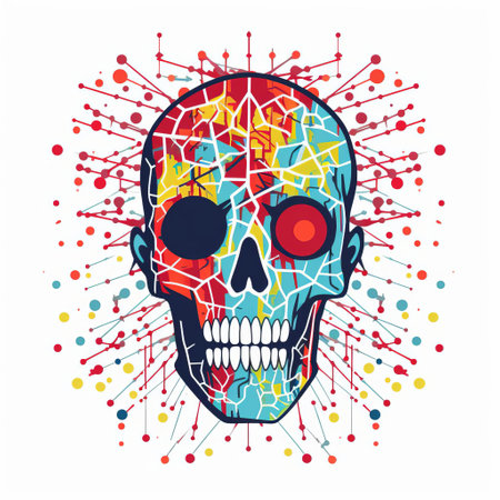a skull, created using dots and circles, is showcased in the design gallery. this unique design features colorful geometric shapes, giving it a distorted and fractured appearance. with elements of zombiecore and crystalcore, the skull stands out with its boldly fragmented composition. the use of explosive pigmentation adds to its captivating appeal, while symbolizing human connections. ai generatedの素材