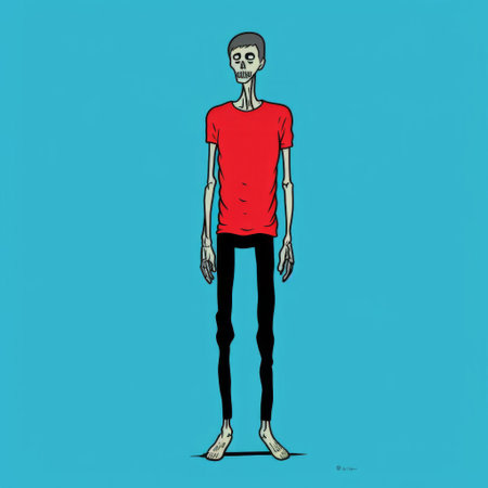 a character wearing a red t-shirt stands against a blue background. the illustration is reminiscent of the skeletal style seen in dave coverly's work, featuring subtle color harmonies and a sparse use of color. the character is depicted in a slender and simplistic cartoon style, adding a touch of zombiecore aesthetic to the overall image. ai generatedの素材