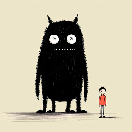 a boy and giant monster, depicted in the style of dan matutina, stand side by side. the artwork features bold, black lines reminiscent of alena aenami and dan witz's work. the characters are portrayed as sketchy caricatures, with spiky mounds and toy-like proportions. ai generatedの素材