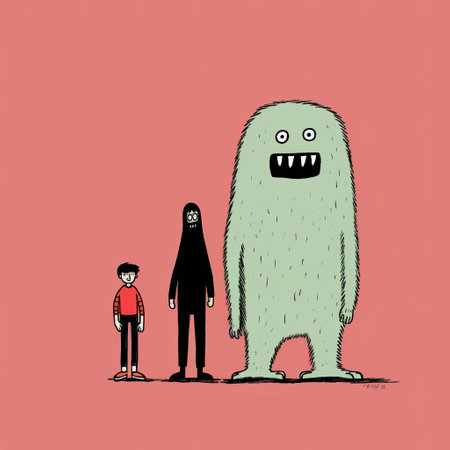 a monstrous creature, reminiscent of the styles of alessandro gottardo, liam wong, and jean jullien, is seen walking across a vibrant red background. standing beside the creature are two children. the artwork showcases a monumental scale, simplistic characters, and a satirical cartoon-like quality, reminiscent of gothic illustrations. ai generatedの素材
