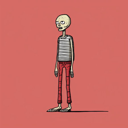 a person wearing red pants stands alone on a black background, resembling a surrealistic cartoon. the image features skeletal, striped, and muted colors, with simple yet colorful illustrations. the satirical tone is enhanced by the presence of chilling creatures. ai generatedの素材
