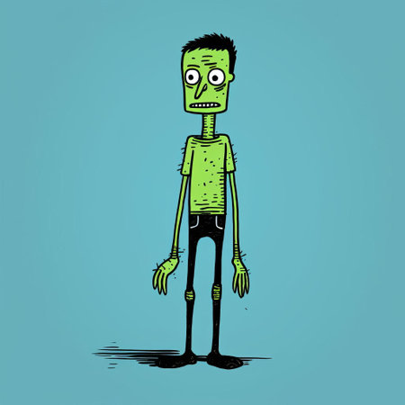 a zombie wearing a red sweater is depicted in this simplistic vector art. the zombie stands against a blue background, with the artwork featuring light green and black colors. the cartoonish features of the zombie, along with the mechanized forms and stonepunk elements, create a unique illustration. the artist has paid fine attention to the anatomy of the zombie. ai generatedの素材