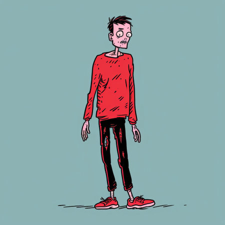 a man wearing a red sweater is depicted in a colored cartoon style with distorted proportions. the illustration showcases a genderless character with a grim expression. the lighting adds a somber tone to the image, while the overall style is reminiscent of berrypunk aesthetics. the artwork is minimalistic and features a sparse and simple composition. ai generatedの素材