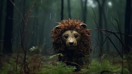 experience the serene beauty of a meadow in the heart of a south korean forest during a stormy night. a stop-motion lion, crafted from soft felt, adds a touch of whimsy to this 4k video. with a shallow depth of field, the camera focuses on the dark brown forest floor, while the surrounding trees fade into the background. the low saturation and hints of blueの素材