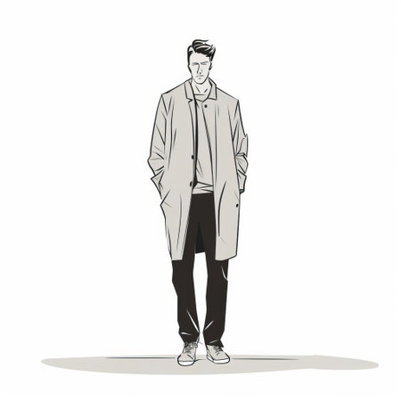 a man in a beige trench coat stands confidently, engrossed in drawing. the artwork exudes a fashion-illustration style, with a black-and-white graphic aesthetic. the overall vibe captures the essence of normcore fashion. ai generatedの素材
