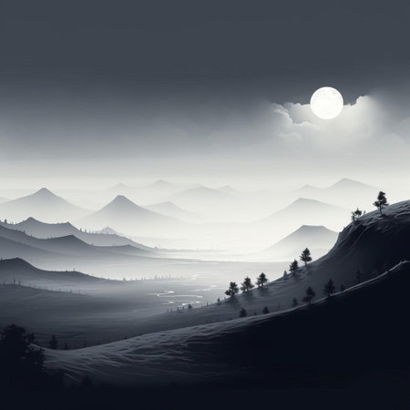 "discover a stunning minimalist landscape painting, featuring a striking black and white design. this artwork showcases the beauty of simplicity, with a monochromatic color scheme that highlights the contrast between light and shadow. perfect for modern decor, this black and white landscape painting is a must-have for art lovers seeking unique home decor.", ai generatedの素材