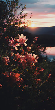 experience the beauty of a flourishing scenery at dusk, captured through a 35mm lens. this photorealistic image, reminiscent of kodak film, showcases the enchanting evening glow, offering a feast for the eyes. perfect for nature lovers and photography enthusiasts alike. ai generatedの素材