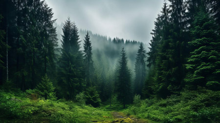 "immerse in this enchanting photo of a dark european forest, featuring a mix of deciduous trees and firs. the lush green canopy towers above, with raindrops glistening in the limited sunlight. a true fairytale setting.", ai generatedの素材