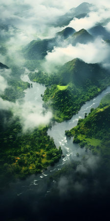 "experience the majestic view of a river, surrounded by lush green islands and enveloped in a mystical smoke, in this high-definition, wide shot image. a perfect depiction of nature's untouched beauty.", ai generatedの素材