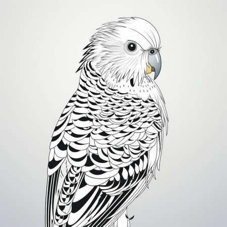 a vector illustration of a tajnianki parrot isolated on a white background. the illustration is done in the style of intricate black and white illustrations, with light gray and light beige colors. the image features high horizon lines and a silkscreen effect, creating a close-up intensity. the parrot is depicted as a simplistic character, created with intricate pen strokes by an illustrator. ai generatedの素材