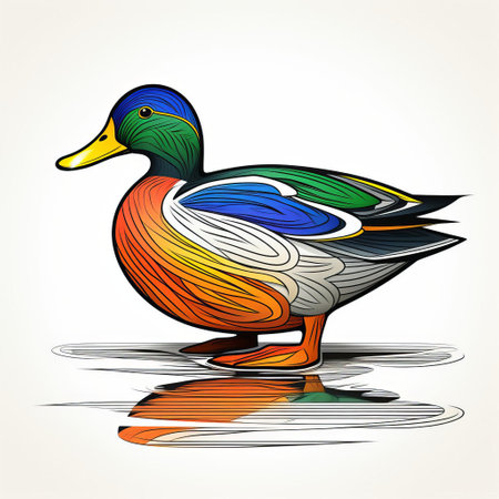 a colorful mallard duck gracefully glides on the water, depicted in a unique style of graphic contours. the artwork showcases bold colorful lines and detailed shading, reminiscent of minimalist illustrations. the vibrant portrayal captures the essence of colorful woodcarvings and accurate bird specimens, while also incorporating elements of a lively and colorful caricature. ai generatedの素材