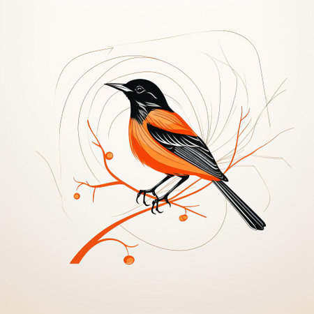 an orange bird perches gracefully on a branch, showcasing the art nouveau style with its organic flowing lines. the minimalistic composition highlights the precisionist lines, while the light red and dark black colors add depth to the colorful drawing. the detailed natural scene captures the essence of whirring contrivances. ai generatedの素材