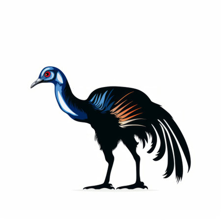 the cassowary silhouette in black stands out against a clean design on a white background. the image is striking with no shadow, emphasizing the unique features of this bird. perfect for projects needing a bold and simple graphic of this fascinating creature. ai generatedの素材