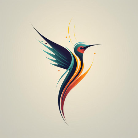 hummingbird design icon featuring vibrant and contrasting wings, set against a white background. this graphic abstraction showcases a dark aquamarine and dark amber color palette, reminiscent of precisionist art. with bold graphic design elements, graceful lines, and skillful composition, this sketchfab creation captures the essence of the hummingbird's beauty. ai generatedの素材