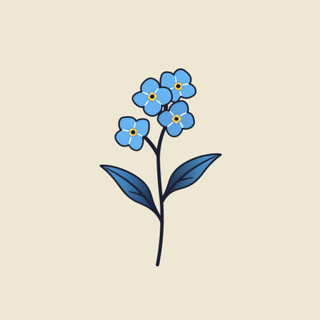a small blue flower illustration on a beige background, featuring flat style, visual puns, screen tones, simple line work, colorful illustrations, realistic light and color usage, and bold outline. ai generatedの素材