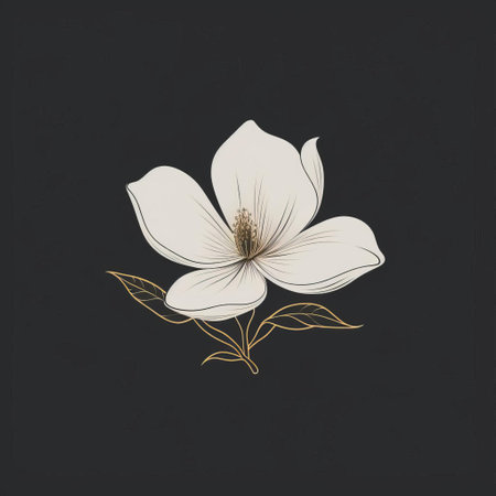 a white flower with gold leaves on a black background, featuring elegant calligraphy and subtle color variations. this unique illustration combines elements of psychological phenomena, darkly romantic illustrations, and realistic color schemes. the tattoo-like design showcases light maroon and light beige tones, creating a visually captivating and sophisticated image. ai generatedの素材
