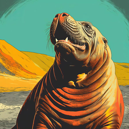 a man with a seal on his head rests on a hill, eagerly anticipating the ocean. this realistic pop art style photograph showcases vibrant colors like light red and amber. the image features hyper-realistic animal illustrations, capturing the essence of explosive wildlife. inspired by sumatraism and woodcut-inspired graphics, it exudes the essence of poster art. ai generatedの素材