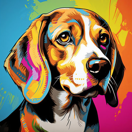 a beagle, with a strong facial expression, stands out in vibrant colors against a paint-dripping background. this pop art-inspired image showcases bold graphic illustrations and realistic portrait painting techniques. the uhd quality captures every detail, while woodcut-inspired graphics add an artistic touch to the composition. ai generatedの素材