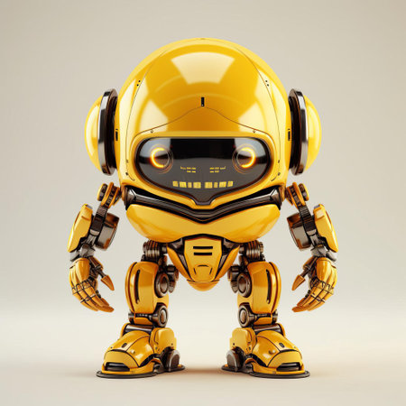 a yellow robot with shiny eyes stands on a gray background. the robot exudes a playful vibe with its bronze accents. the combination of yellow and bronze creates a striking contrast. captured with a canon eos 5d mark iv, this photo showcases cute cartoonish designs and high attention to detail. ai generatedの素材