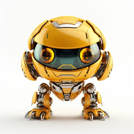 a yellow 3d animated model of a robot with glowing eyes. this adorable toy sculpture-style robot has a realistic rendering and a sleek metallic finish. the tondo design gives it a unique look, reminiscent of mecha anime. the shiny eyes add an extra touch of charm to this captivating creation. ai generatedの素材