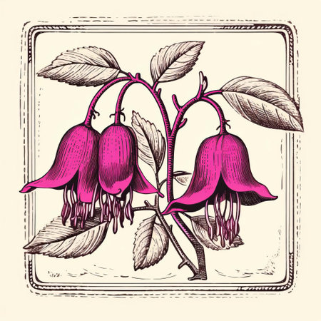 vintage drawing of two pink flowers, showcasing highly detailed illustrations and bold color usage. the style resembles wood engraving, with a unique framing and composition. the artwork stands out with its bold color scheme and intricate, graphic illustrations. ai generatedの素材