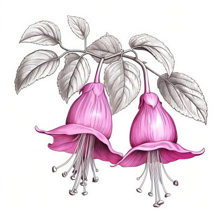 fuchsia flower and leaves illustration in the style of hryhorii havrylenko, featuring intense shading and monochromatic artworks reminiscent of mark catesby's painted illustrations. the artwork showcases a vibrant combination of light magenta and silver tones, creating a visually captivating illustration. ai generatedの素材