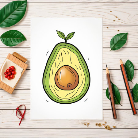 a sheet of paper featuring a pencil drawing of an avocado. the artwork is done in a flat and graphic style, with rusticcore elements. the cartoonish depiction is colorful and showcases eco-friendly craftsmanship. the smooth lines and warmcore aesthetic add to the overall charm of this avacadopunk-inspired illustration. ai generatedの素材