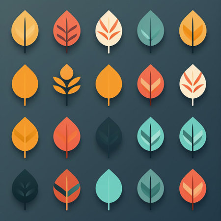 leaf icons in a 20th-century scandinavian style, featuring various colors such as dark teal and light orange. created by paul corfield, these minimalistic icons have a light yellow and dark gray color scheme. the matte background and vintage imagery add a touch of nostalgia to the design. ai generatedの素材