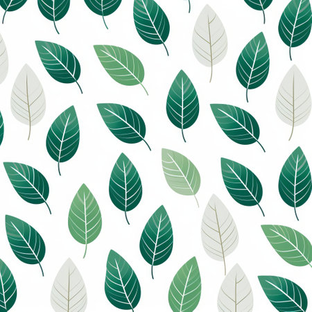 a wallpaper featuring flat-colored leaves on a white background. the leaves are in shades of dark emerald and light emerald, creating a simple yet colorful illustration. this design by suguru tanaka combines natural and man-made elements in a flat form, reminiscent of the style of toyo ito. ai generatedの素材
