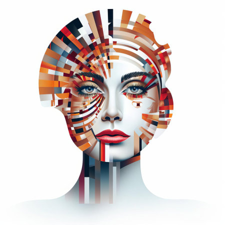 an abstract female face with scanned facial skin, showcasing cubist geometric fragmentation and multi-layered figures. the dark white and orange color scheme adds a touch of cyberpunk futurism. made of plastic, this elegant artwork captures emotive faces and illustrates psychological phenomena. ai generatedの素材