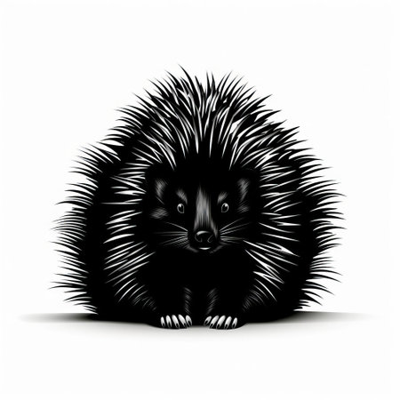 the black and white porcupine, in a nightmarish illustration style, stands out against the white background. with luminous shadows and bold character designs, this kimoicore creature showcases dark proportions and realistic use of light and color. its playful character design adds a unique twist to this striking image. ai generatedの素材