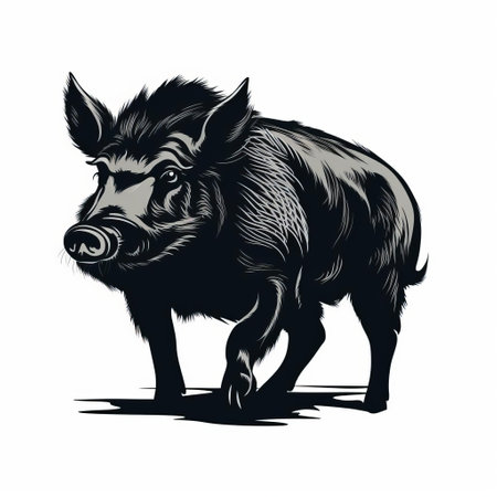 a wild boar depicted in a detailed character illustration style, showcasing dark navy and light bronze tones. the image exudes a farm security administration aesthetic with a distinctive character design. the meatpunk vibe adds a unique twist to the realistic yet stylized portrayal, reminiscent of lith printing techniques. ai generatedの素材