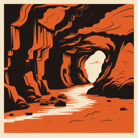 the linocut-style artwork of a cave showcases minimalist design with a single, continuous line. emphasizing negative space, the simple shapes capture the essence of the cave with boldness. this artwork elegantly represents the cave's form and character through minimal detail, creating a powerful and striking image in the style of linocut art. ai generatedの素材