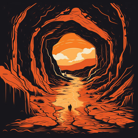 a simple, monochromatic linocut-style artwork depicts a cave, emphasizing negative space and created with a single, continuous line. distilling the cave's essence into basic shapes, it captures the character with minimal detail. the final piece balances simplicity and boldness, highlighting the cave against negative space, showcasing the power and elegance of minimalist linocut art. keywords: linocut, cave art, negative space, minimalist design, continuous line, simplicity,の素材