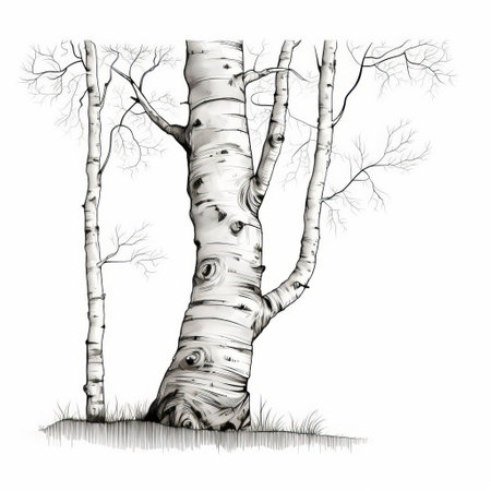 birch tree with a wide cracked trunk in a vintage style, featuring a flat design and simple black and white line drawing. the unique texture of the tree's bark adds character to the minimalist illustration, creating a striking visual contrast. ai generatedの素材