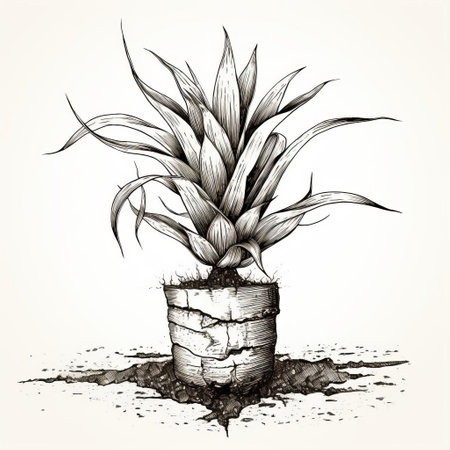 bromeliad with a wide cracked trunk, vintage style, flat design, black and white, simple line drawing. this artistic depiction captures the essence of a unique plant with a weathered appearance, perfect for minimalist decor. ai generatedの素材