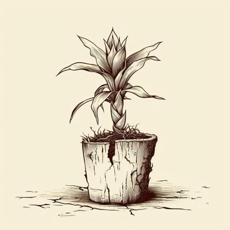 bromeliad with a wide cracked trunk in a vintage style, depicted in a flat design with simple black and white line drawing. the unique texture of the trunk adds character to the minimalist aesthetic of the artwork. ai generatedの素材