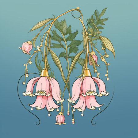 two bluebells are elegantly depicted on a soft pink background in a style that combines light aquamarine and gold hues. the illustration captures the essence of classic japanese simplicity and nature-inspired compositions, reminiscent of thai art and historical illustrations. the hand-drawn details create a striking contrast in values, adding depth and beauty to the artwork. ai generatedの素材