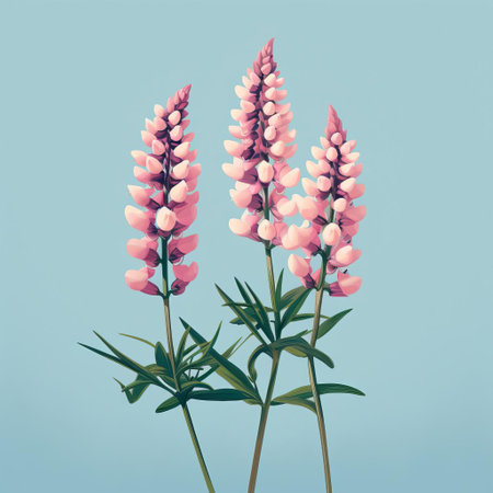 two lupine flowers are elegantly depicted on a soft pink background, embodying a blend of light aquamarine and gold hues. the illustration captures the essence of classic japanese simplicity and nature-inspired compositions, reminiscent of thai art and historical illustrations. the hand-drawn details showcase contrasting values, creating a visually striking and harmonious piece. ai generatedの素材