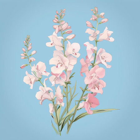 two larkspur flowers elegantly depicted on a soft pink backdrop, showcasing a blend of light aquamarine and gold hues. the illustration captures the essence of classic japanese simplicity and nature-inspired compositions, reminiscent of thai art and historical illustrations. hand-drawn with contrasting values, this artwork exudes a harmonious and serene aesthetic. ai generatedの素材