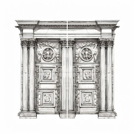 the hellenistic art retro door drawing is a clean and detailed illustration isolated on a white background. this artwork showcases intricate hellenistic design elements, perfect for historical art enthusiasts and interior designers looking for unique inspiration. ai generatedの素材