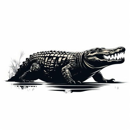 the caiman silhouette is striking against the clean white background. its black color stands out with a sleek design, free of any shadows. this minimalist image captures the essence of the caiman in a modern and stylish way. ai generatedの素材