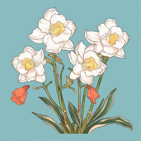 two narcissus flowers gracefully adorn a vibrant pink backdrop, showcasing the delicate beauty of nature. this hand-drawn illustration combines the elegance of classic japanese simplicity with the opulence of light aquamarine and gold. inspired by thai art and historical illustrations, it creates a captivating contrast through its contrasting values, providing a visual feast for the eyes. ai generatedの素材