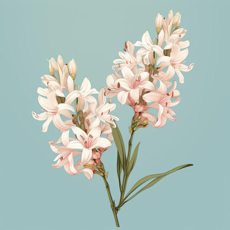 two tuberose flowers are elegantly depicted on a soft pink background in a style that combines light aquamarine and gold hues. the illustration captures the essence of classic japanese simplicity and nature-inspired compositions, reminiscent of thai art and historical illustrations. the hand-drawn details showcase contrasting values, creating a visually striking and harmonious piece. ai generatedの素材