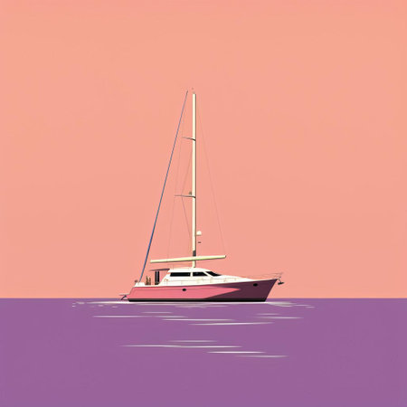 yacht featuring a violet background reminiscent of annibale carracci's style. clean and simple designs in the cinquecento tradition by alessandro gottardo. colorized in light white and light orange hues, perfect for ad posters. ai generatedの素材
